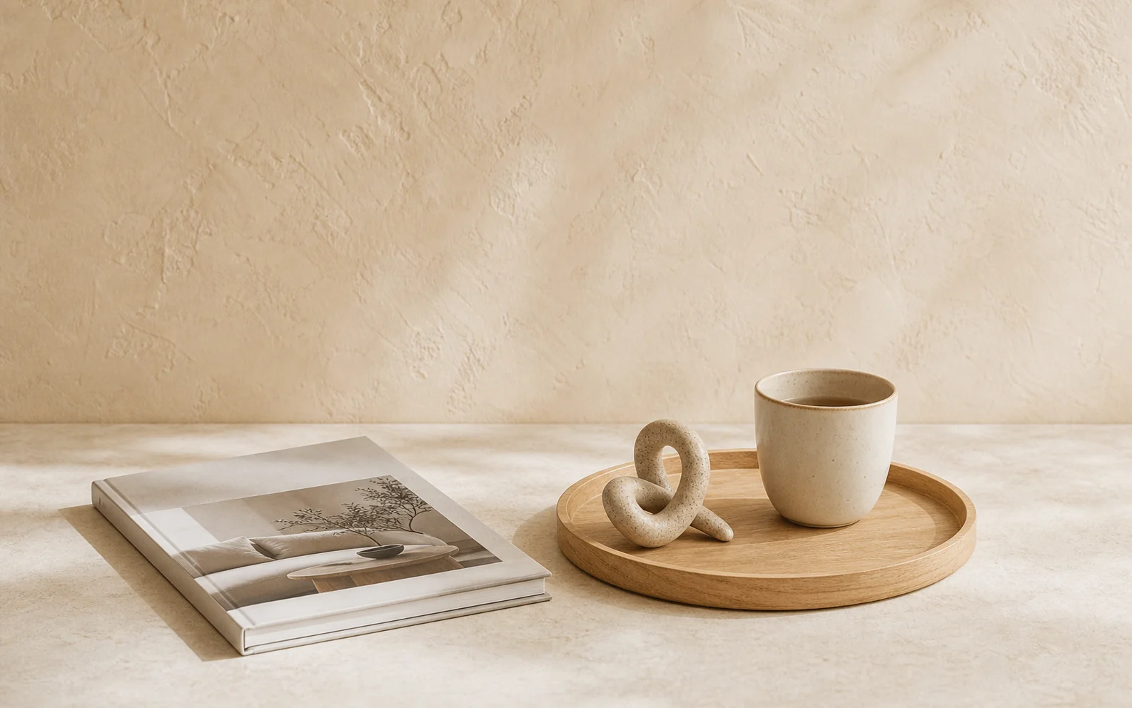A home living magazine, wooden tray, ceramic cup, and small sculptural object in warm natural light.