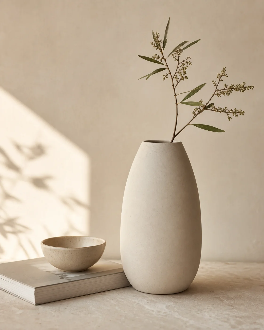 A ceramic vase with a single branch, a small bowl, and a pale home design book on a cream surface.