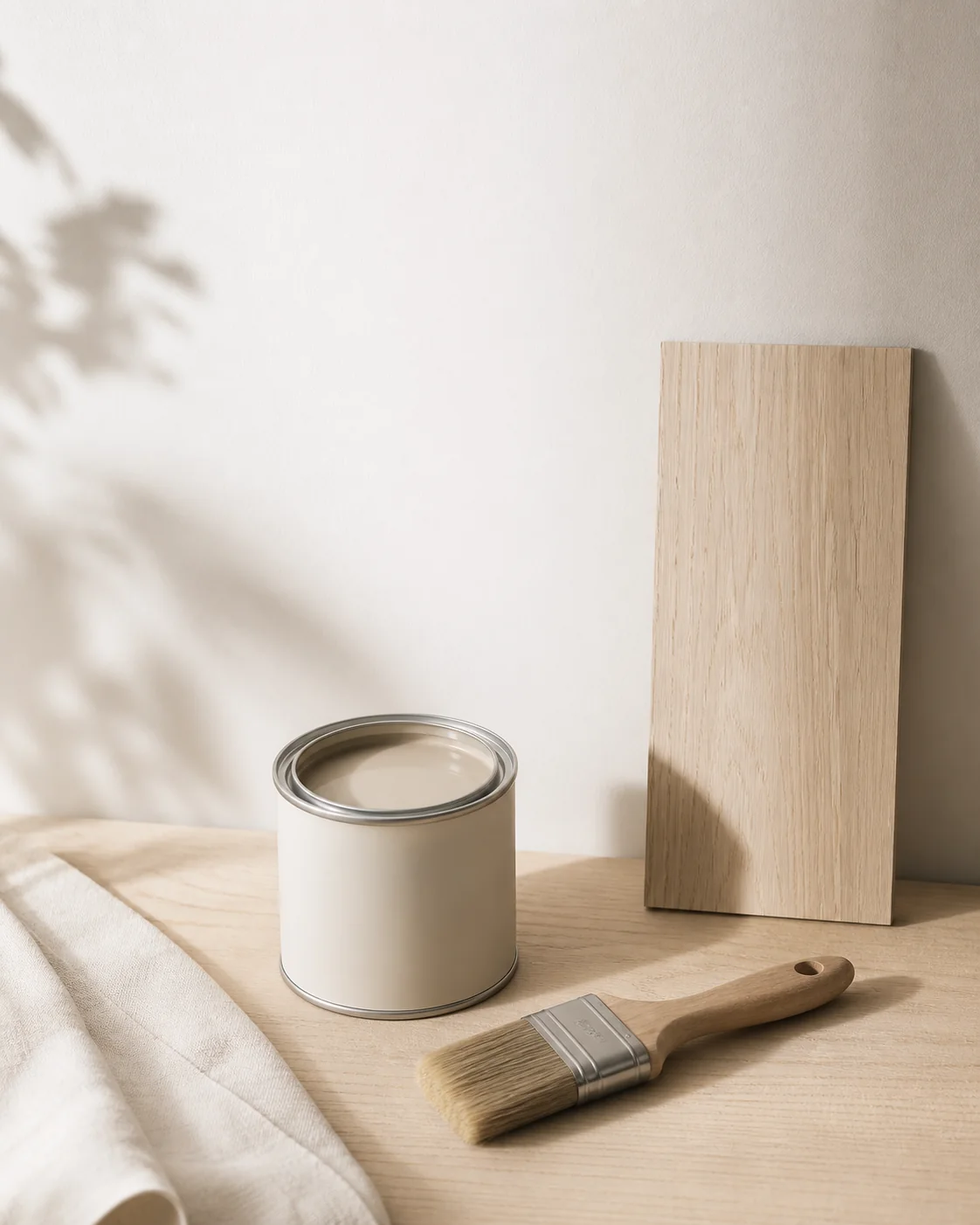 A wooden-handled paint brush, neutral wall paint can, and pale wood sample board in natural light.